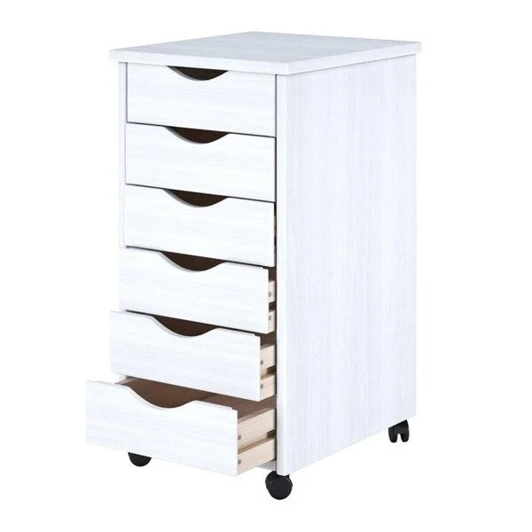 White Painted Solid Wood 6-Drawer Roll Cart, 1-Person Use