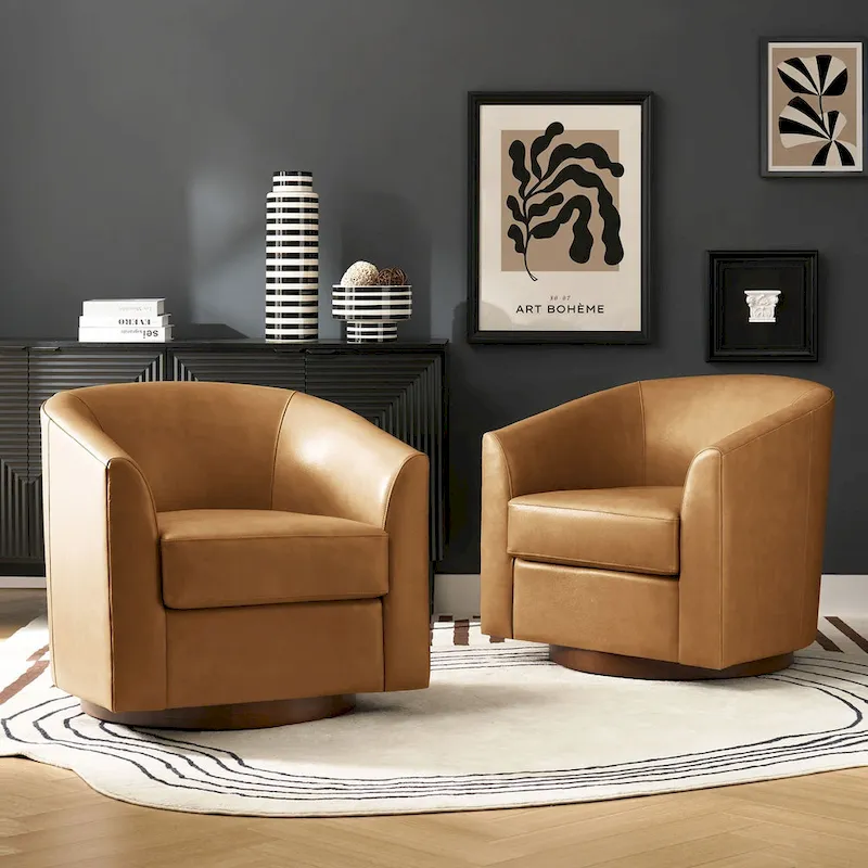 Brown Genuine Leather Swivel Barrel Chairs - Set of 2