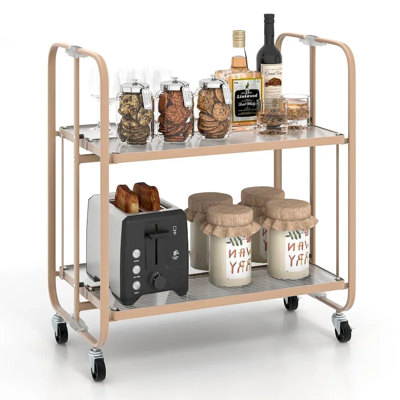 2-Tier Mobile Serving Cart with Tempered Glass Shelf-Golden - 26 x 16 x 28.5