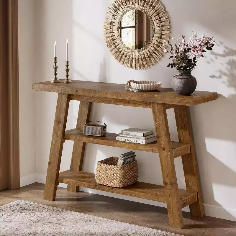 Lantine 47.24-Inch Solid Wood Console Table, 3-Tier Farmhouse Entryway Table with Shelves, Narrow Accent Table for Living Room, Hallway