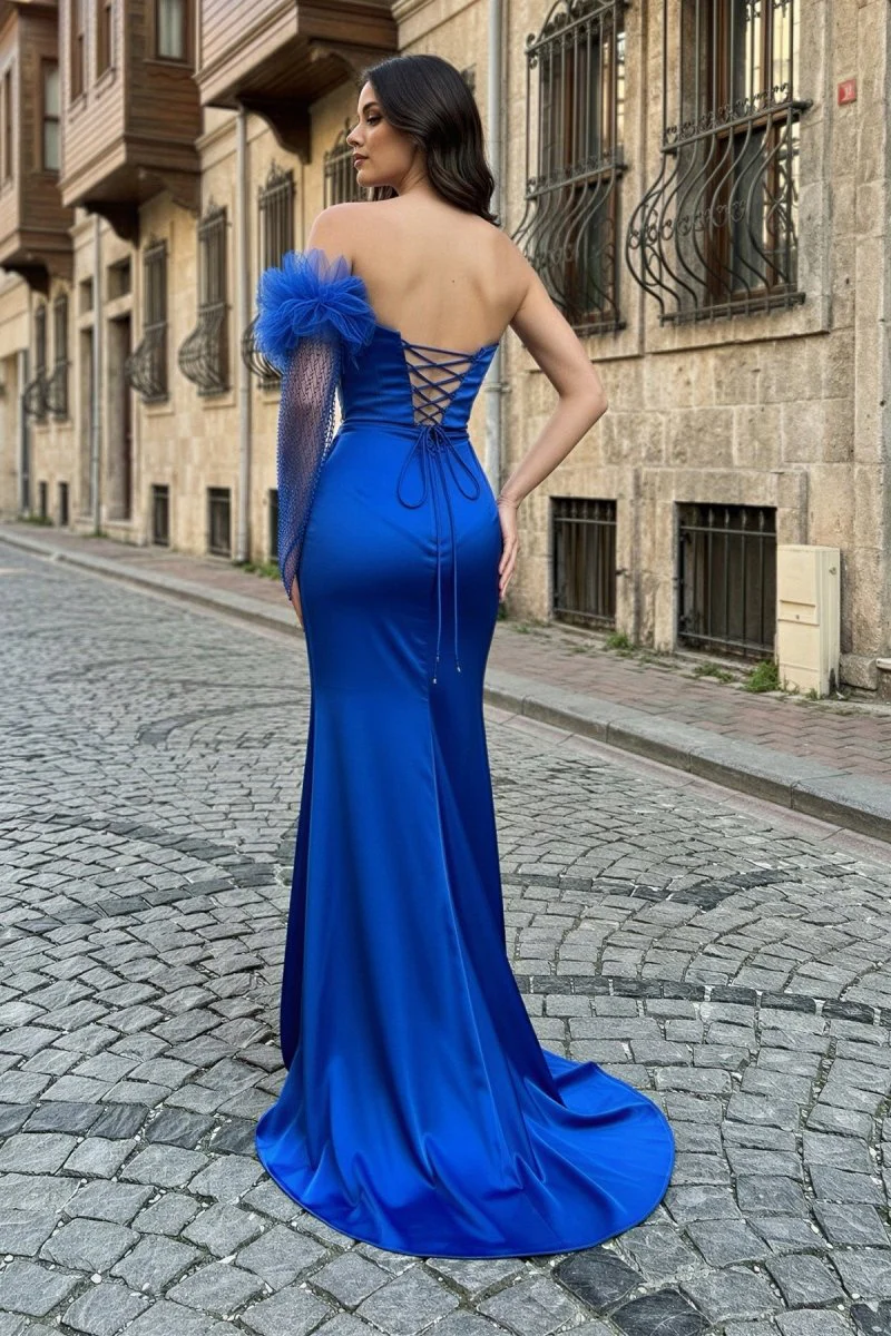 Mermaid One Shoulder Beaded Ruched Long Prom Dress with Sleeve