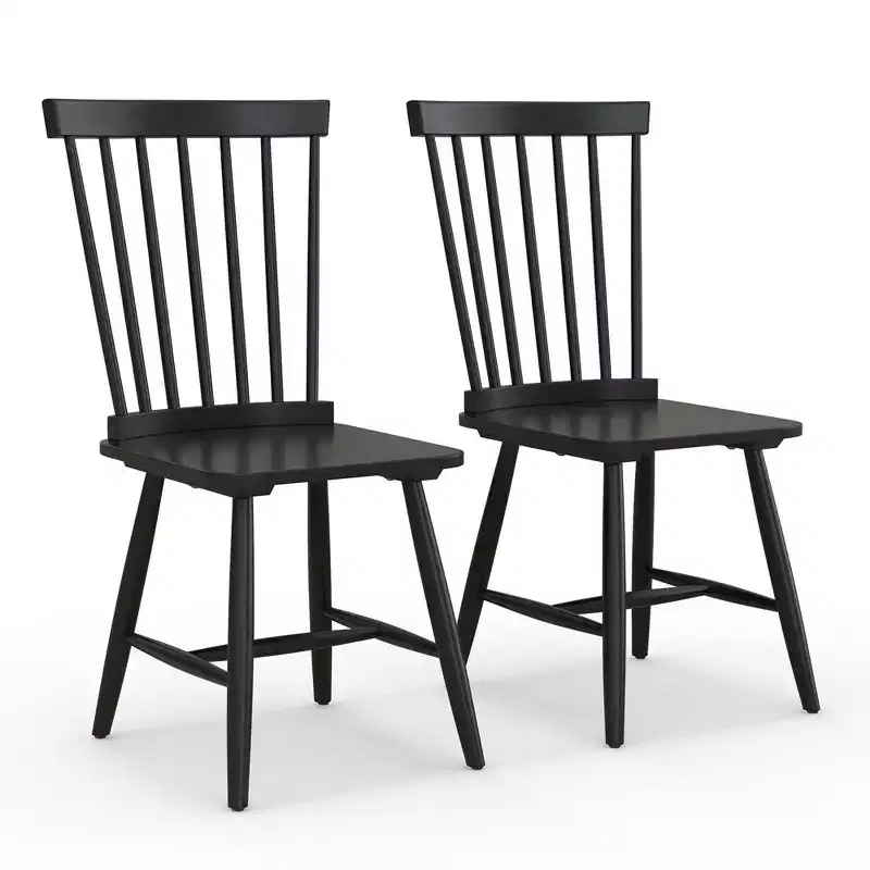 Costway Windsor Dining Chairs Set of 2 Armless Spindle Back Solid Rubber Wood Black/Natural