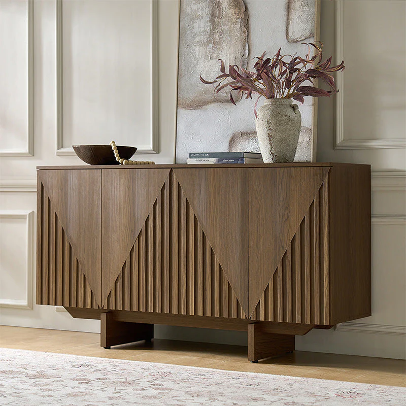 MDF Buffet Sideboard with Deep Embossed Texture, 4 Cabinets, Adjustable Shelves & Cable Management Holes | Walnut / Black | Single