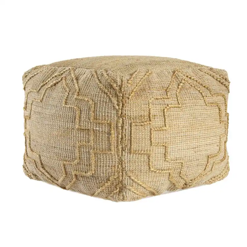HomeRoots 18 Natural Jute Blend Cube Quatrefoil Pouf Ottoman