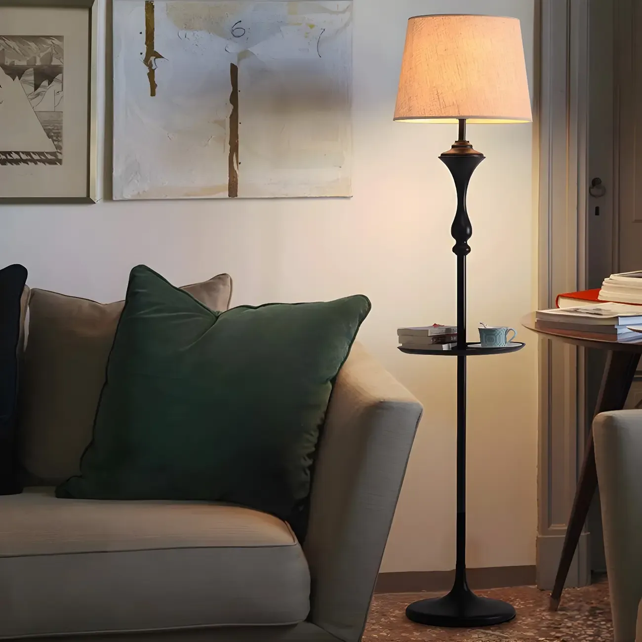 Traditional Black Floor Lamp with Tray Top for Living Room