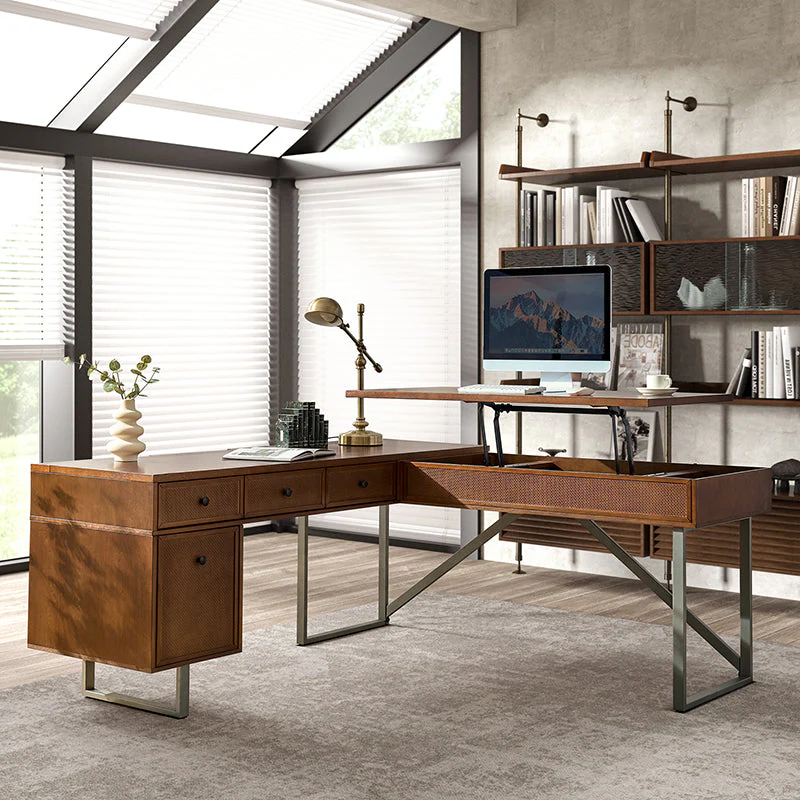 L-Shaped Lift-Top Office Desk with Rattan File Drawer, 4 Drawers & Cable Management | Walnut / Acorn | Single