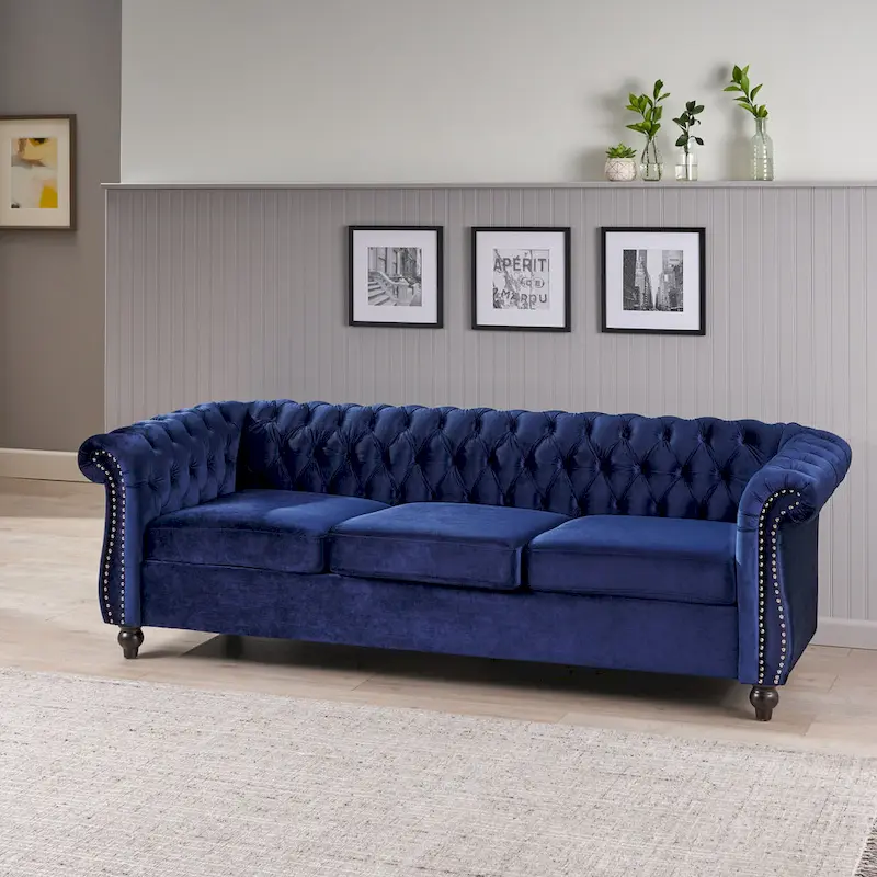 Blue 84.75 Chesterfield Button Tufted 3-Seater Sofa with Nailheads and Legs