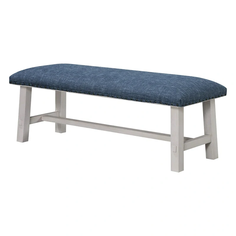 Callen Bench with White Wash Frame and Antique Bronze Nailhead Trim in Navy Fabric