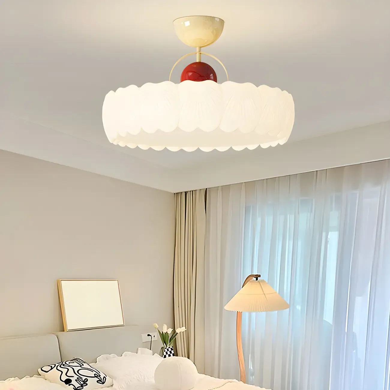 Drum Shape Beige Semi-Flush Ceiling Light with Plastic Shade