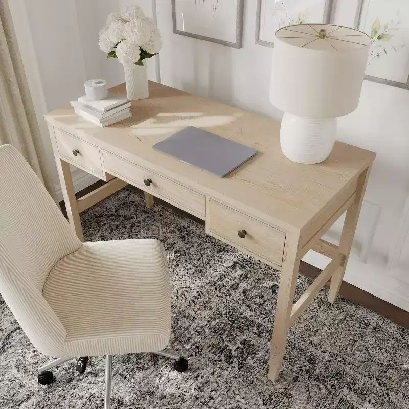 Martha Stewart Rhett Home Office Writing Desk with Tapered Legs in Light Natural with Antique Bronze Hardware