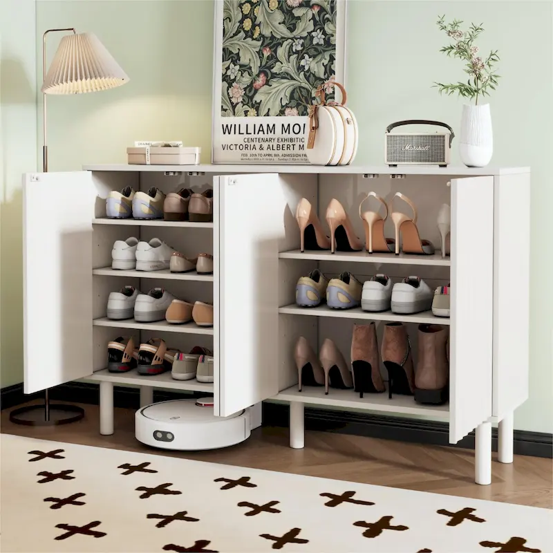 White / Black Fluted 4-Door Storage Cabinet with Adjustable Shelves, 5 Solid Wood Legs, 2-Person Household