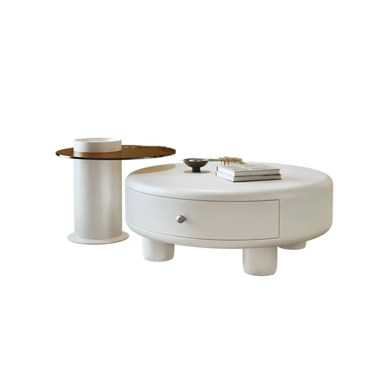 Cream Round Elegant Drawers Round Wood Coffee Table