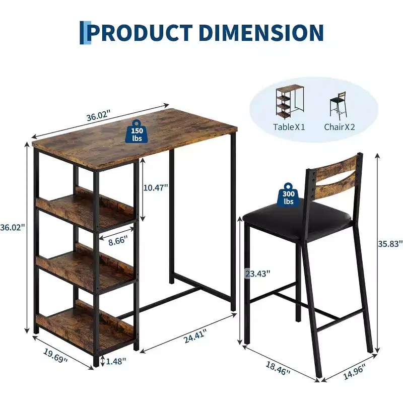 36 Counter Height Dining Table Set for 2 with Upholstered Bar Chairs and Storage Shelves, Space-Saving Kitchen Table for Small Space, Apartment