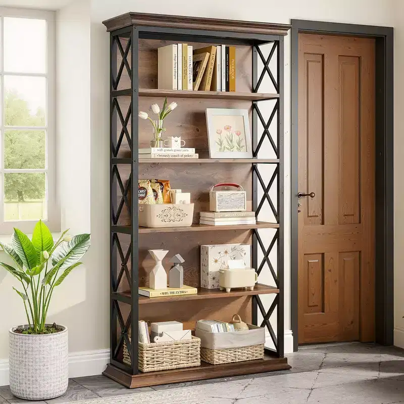MAYEERTY 6-Tier Metal & Wood Bookcase with Stylish X Pattern Accents