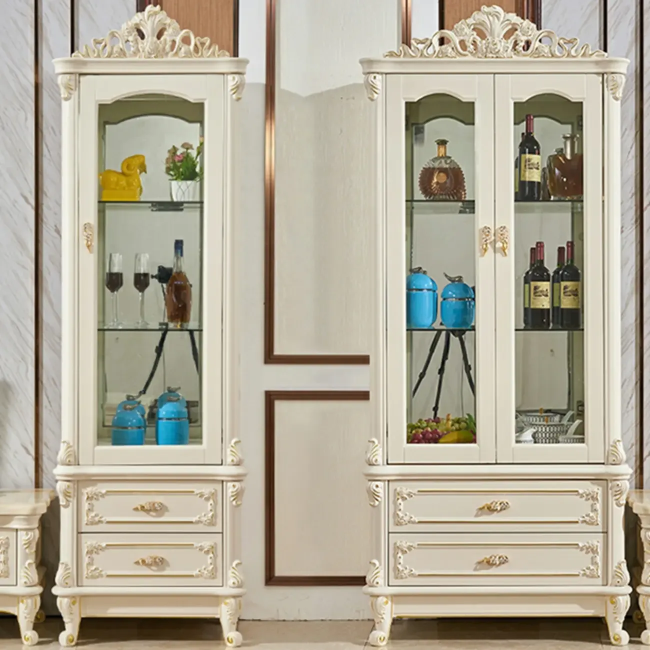Glam White Wooden Glass Curio Cabinet with Drawers