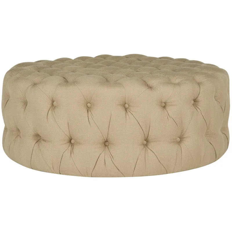 Round Button-Tufted Linen Ottoman – Mushroom / Grey / Antique Gold / Wheat / Bordeaux / Navy / Taupe, Single