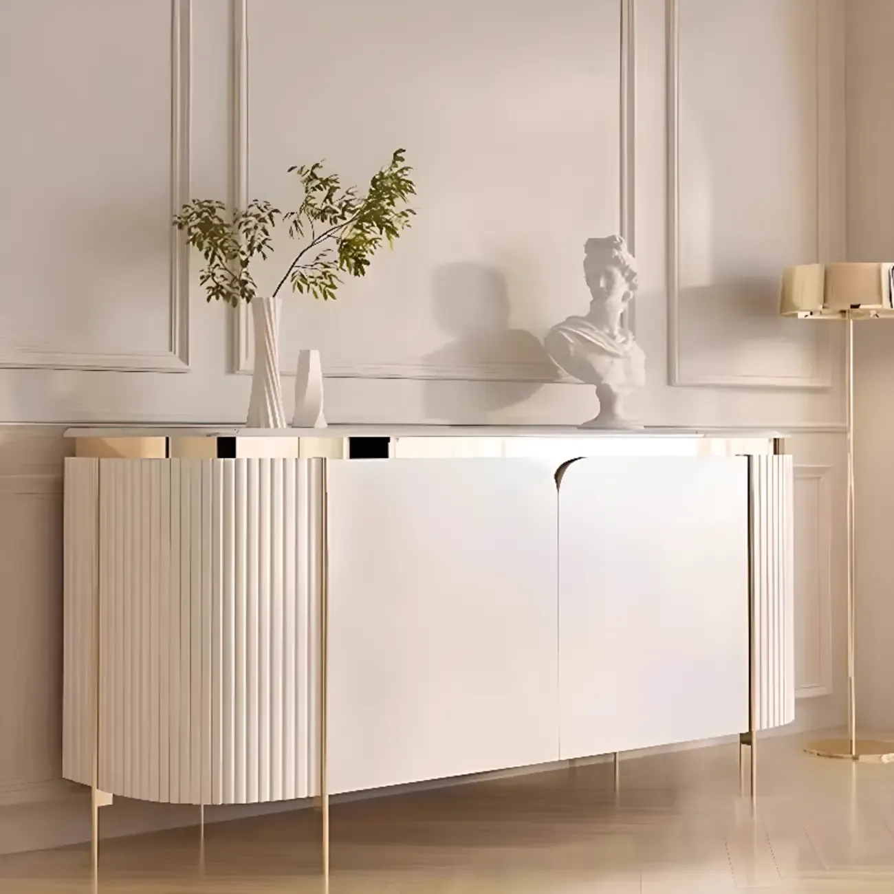 Modern White Sideboard with Mirrored Accent and Storage
