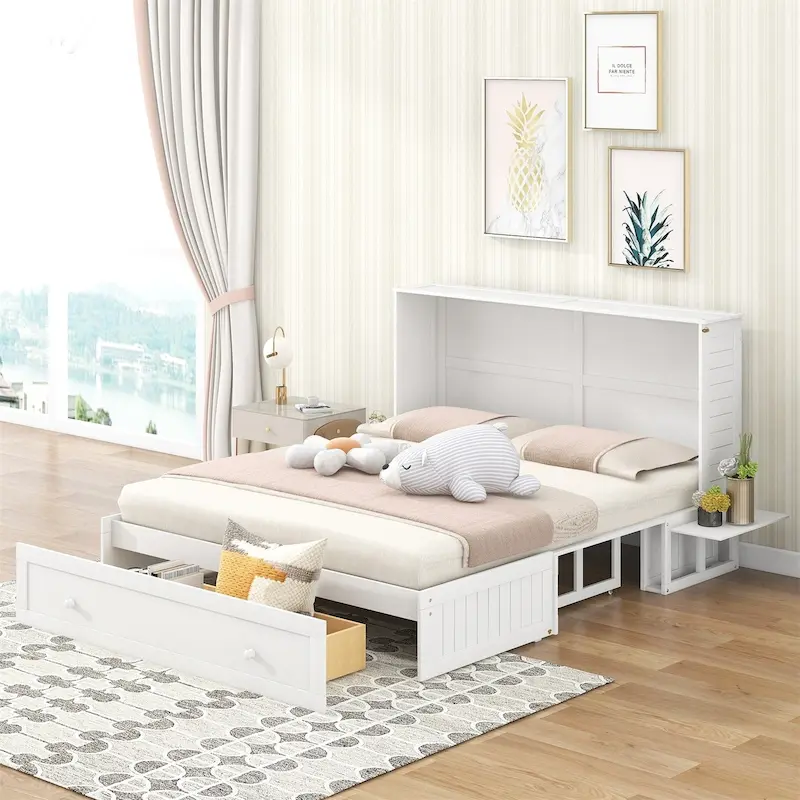 White Queen Wall Murphy Bed with Drawer & Side Shelves, 1-Person