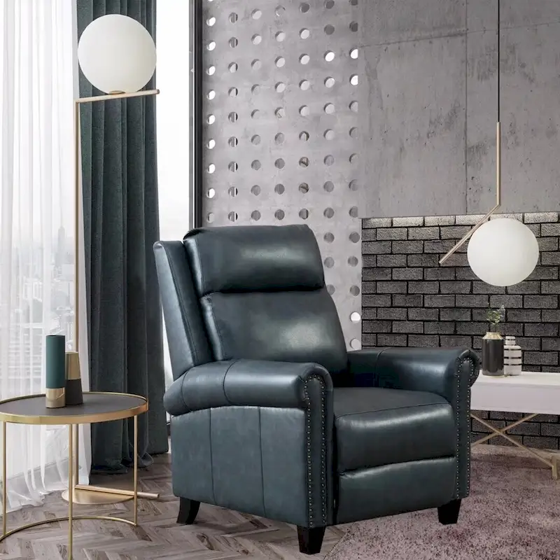 Blue / Brown Genuine Leather Pushback Club Recliner – Single