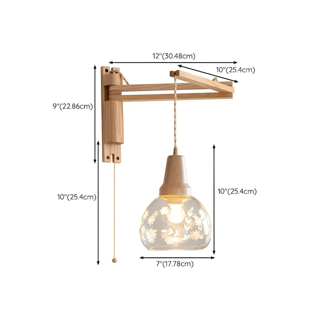 Rustic Wood Clear Glass Swing Arm Wall Light