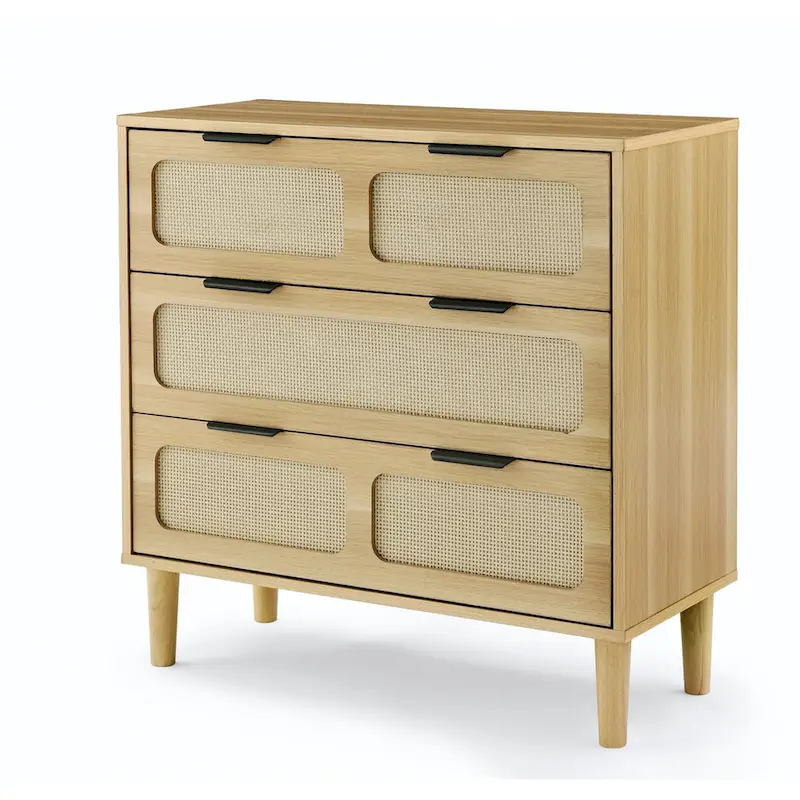 Modern Rattan Dresser Cabinet With Wide Drawers And Metal Handles