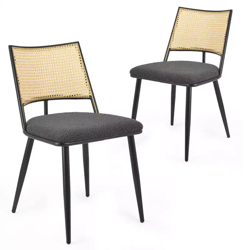 Okak Mid-Century Dining Chairs Set of 2, Rattan Dining Chairs with Metal Frame, Boucle Dining Room Chairs for Dining Room, Kitchen