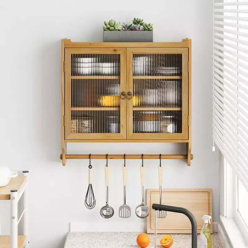 JVNOXK 24.8''Glass Door Vintage Double Door Wall Cabinet With Three Tiers of Storage With Towel Rack,for Bathroom, Kitchen,Dining Room,Natural