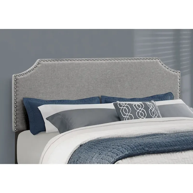 Grey Polyester Upholstered Queen Bed Frame with Headboard and Nailhead Trim