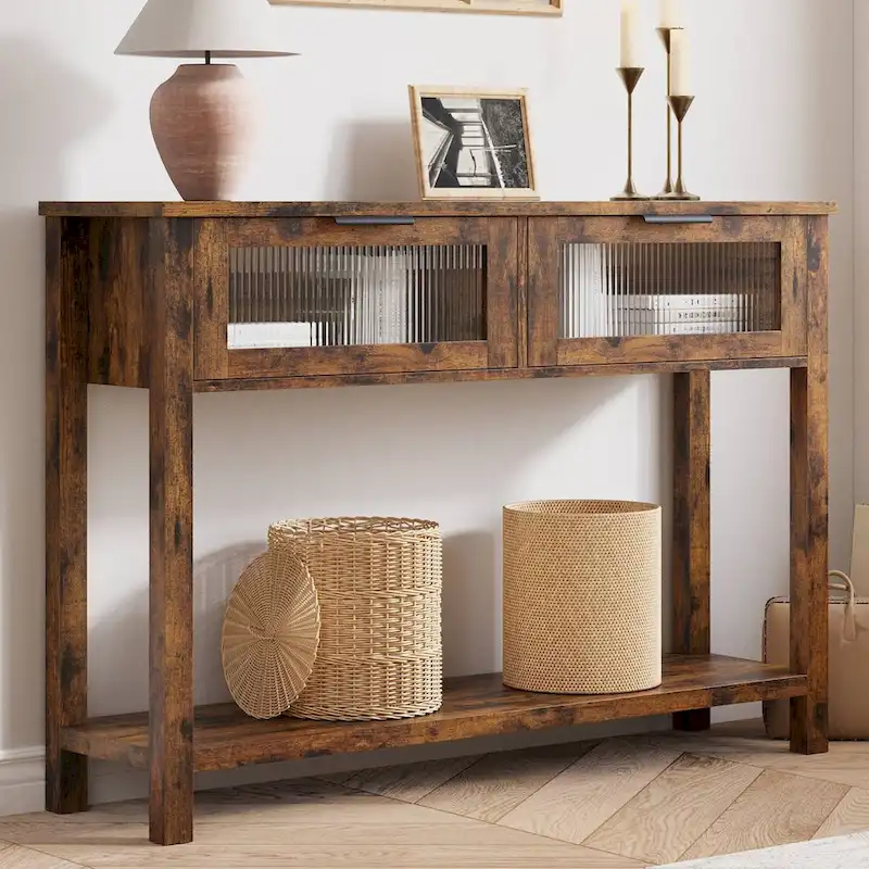 Beige/Brown Console Table with 2 Drawers | 43.3