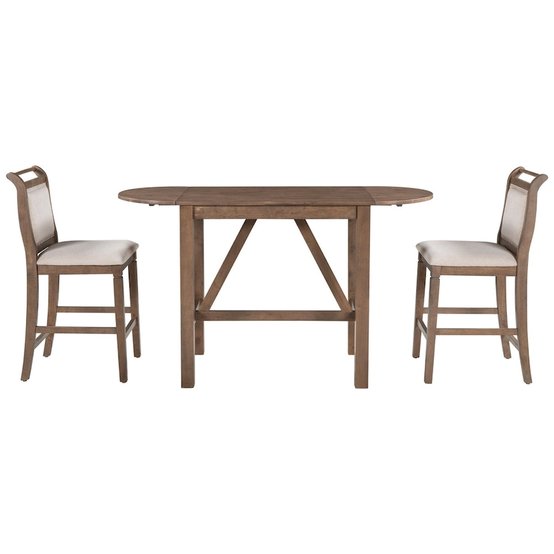 Rustic Style Wooden 3-Piece Dining Table Set with Drop Leaf and 2 Upholstered Dining Chairs