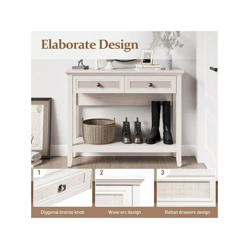 Boho Natural Rattan Console Table With Widened Tabletop & 2 Drawers