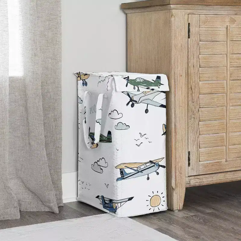 Sweet Jojo Designs Boy Foldable Laundry Hamper with Handles Vintage Airplane Green Blue and Yellow