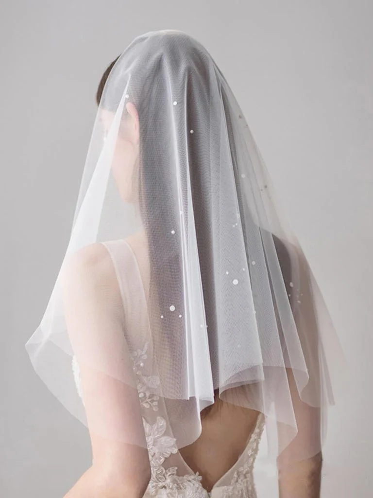 Simple Ivory Tulle Wedding Veil Waist Length with Pearls
