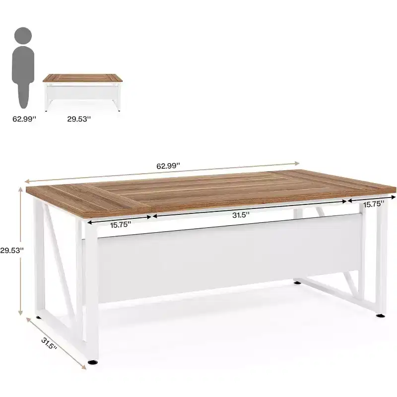 Lantine 63-inch Computer Desk with Bottom Storage Shelf, Dark Walnut and Steel Leg, Home Office Writing Workstation, Cabinet not Included (Beige)