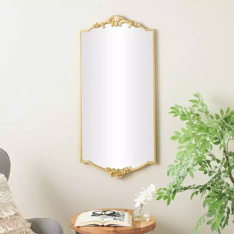Olivia & May 42"x20" Metal Floral Wall Mirror with Floral Embellishments Gold: Modern Rectangle, No Assembly Required