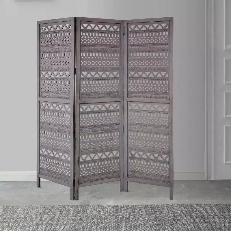 Royal Hampton 3 Panel Folding Mango Wood with Inticate Cut out Geometric Design Room Divider Screen