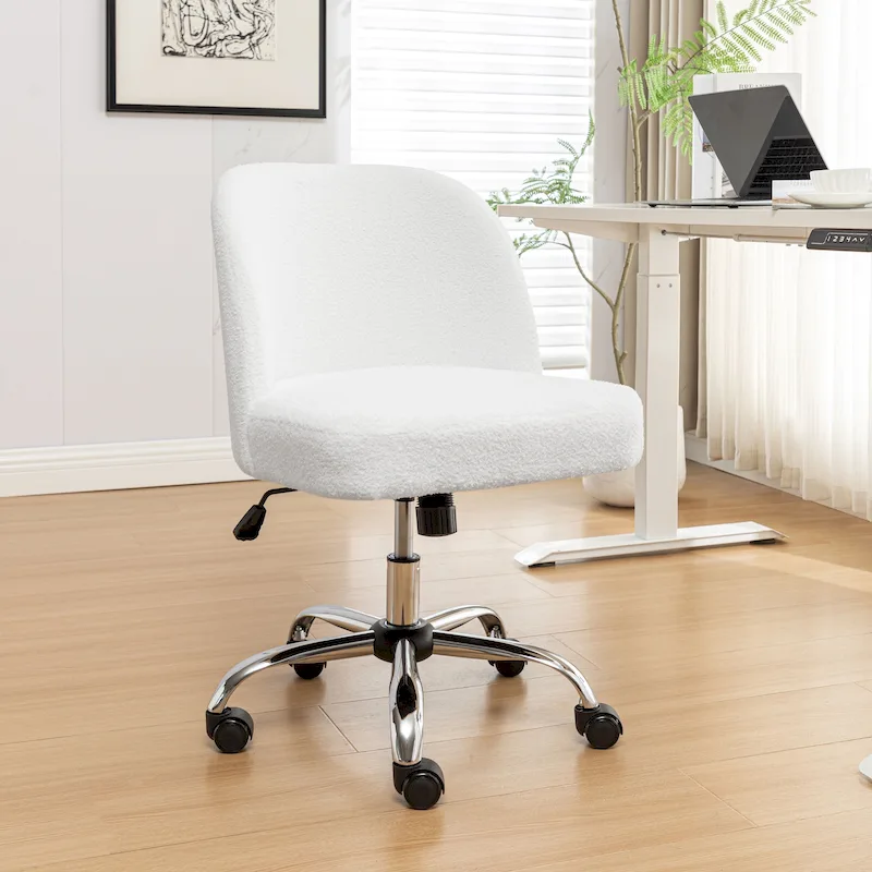 Armless Office Chair, Sherpa Plush Fabric, Height Adjustable, Tilt Function, Steel Casters, Modern Style, White, 1 Person