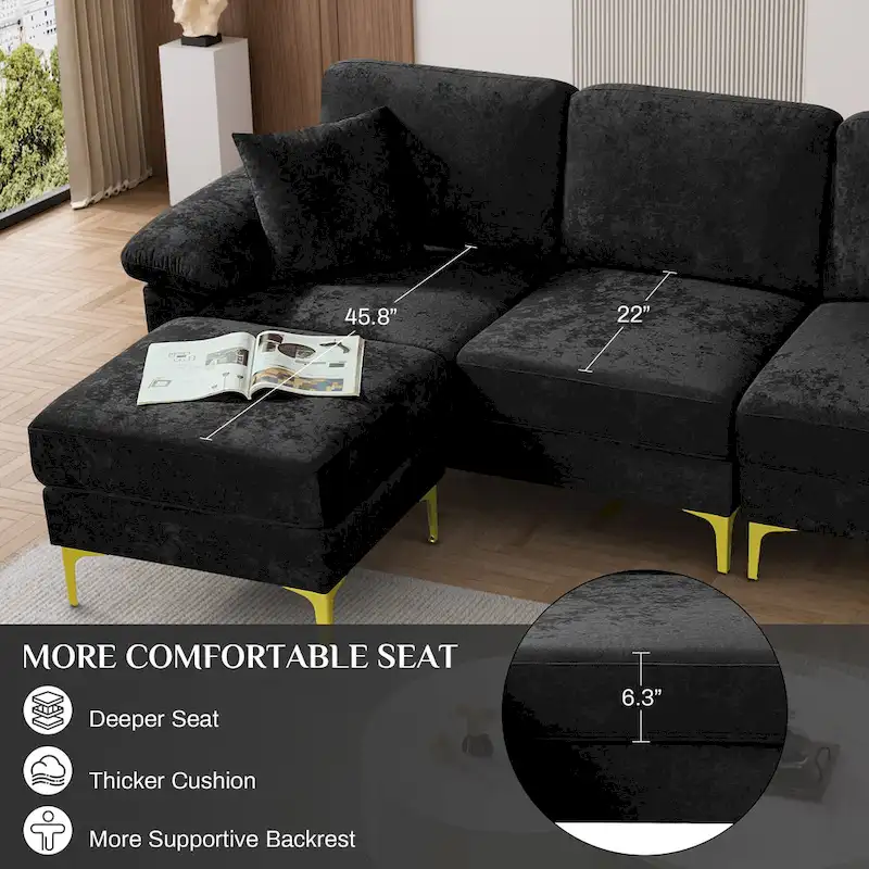 Upholstered Velvet Sectional Sofa with Pillows & Ottoman