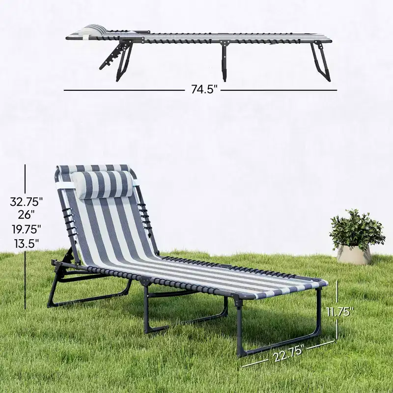Folding Chaise Lounge Pool Chair with 4-Position Reclining Back, Pillow, Breathable Mesh & Bungee Seat, Blue & White