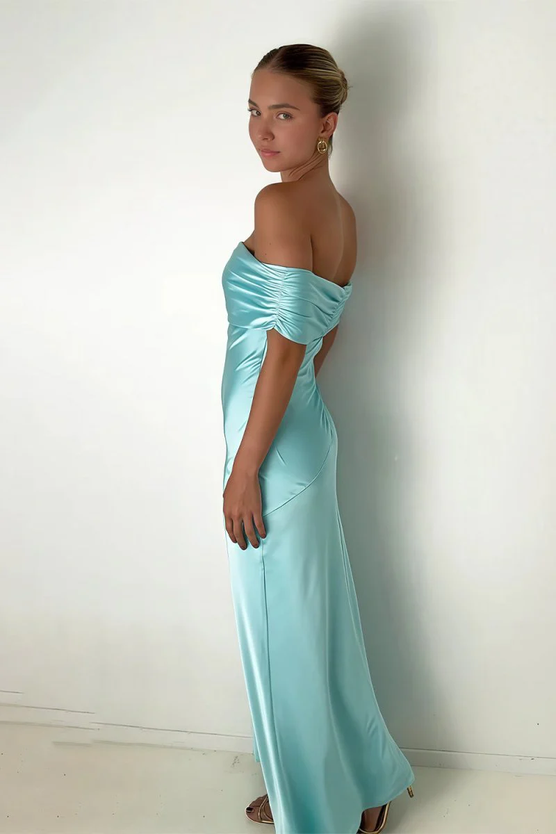 Aqua Sheath Off The Shoulder Satin Long Prom Dresses