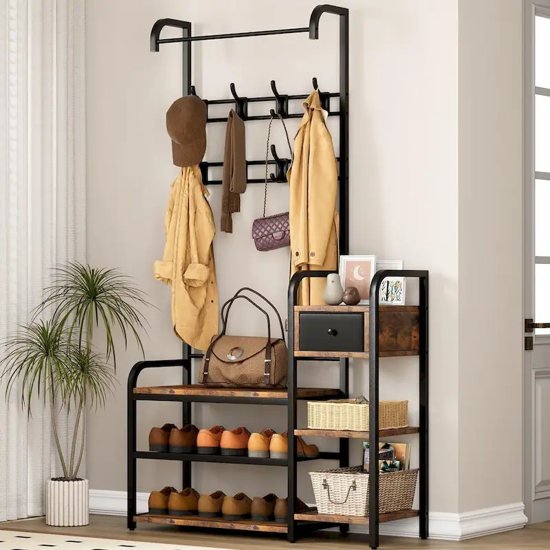 Hall Tree Storage Bench with Drawer and Coat Hooks