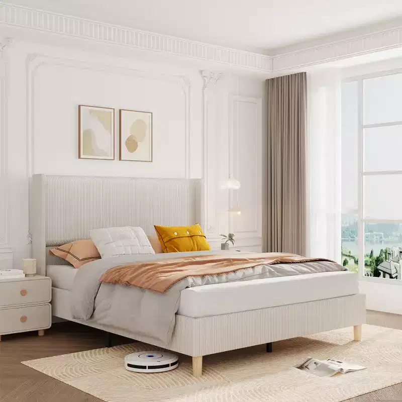 Bed Frame, Upholstered Platform Corduroy Bed Frame with Vertical Channel Tufted Headboard, No Box Spring Needed