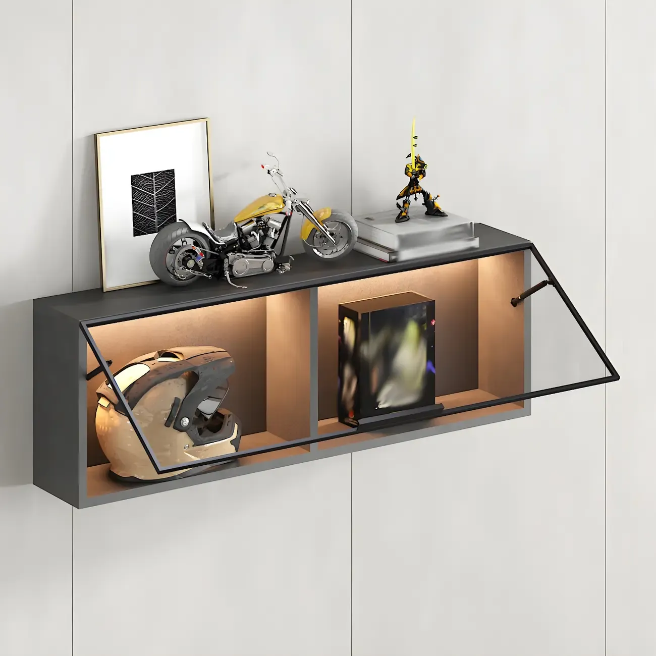 Black Wall Mount Wood 2-Cube Display Cabinet with Light