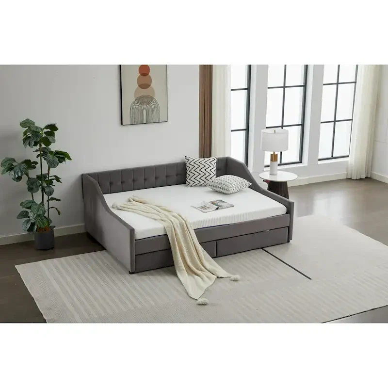 Modern Upholstered Sofa Bed with 2 Drawers and Wooden Frame, Vertical Stripes