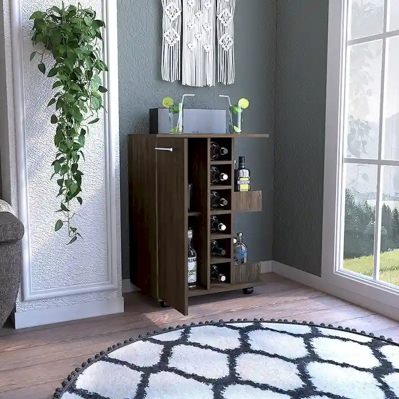 Bar Cart with Cabinet, Open Bottle Shelves & Locking Casters