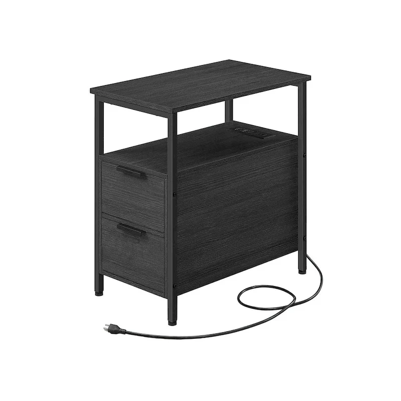 2 Drawers Slim Side End Table Nightstand with 2 Open Shelves and Charging Station for Living Room or Bedroom