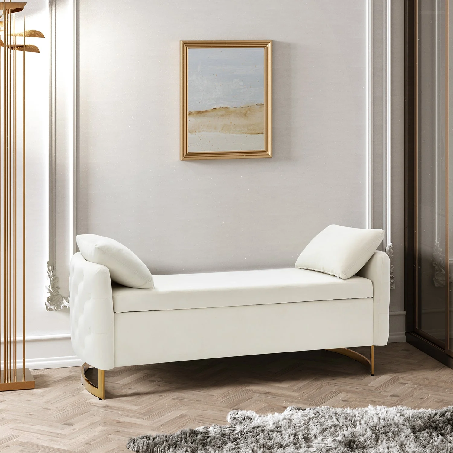Button-Tufted Flip-Top Storage Bench with Arms, Foam Fill & Gold Legs | Ivory / Mustard / Black / Navy / Teal | Single
