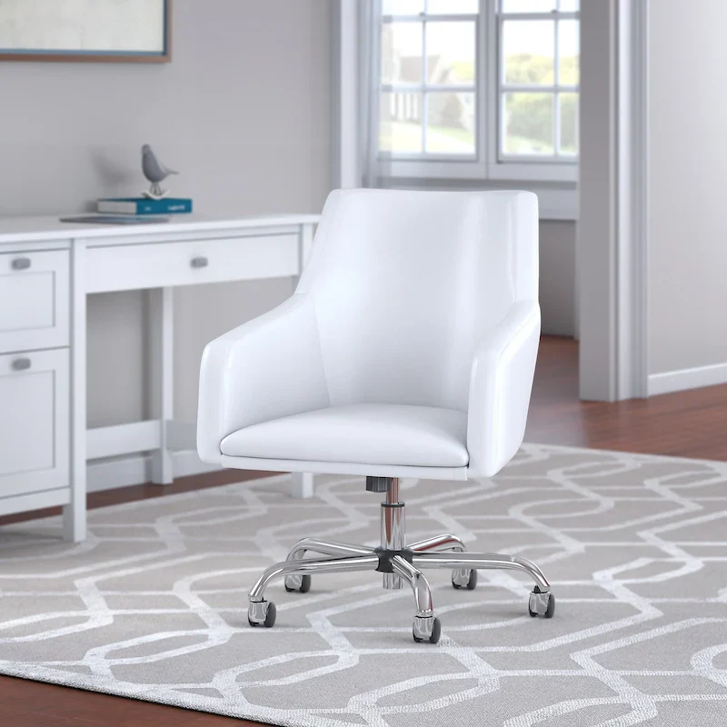 Mid Back Leather Box Chair in White - 24.41L x 24.80W x 34.45H