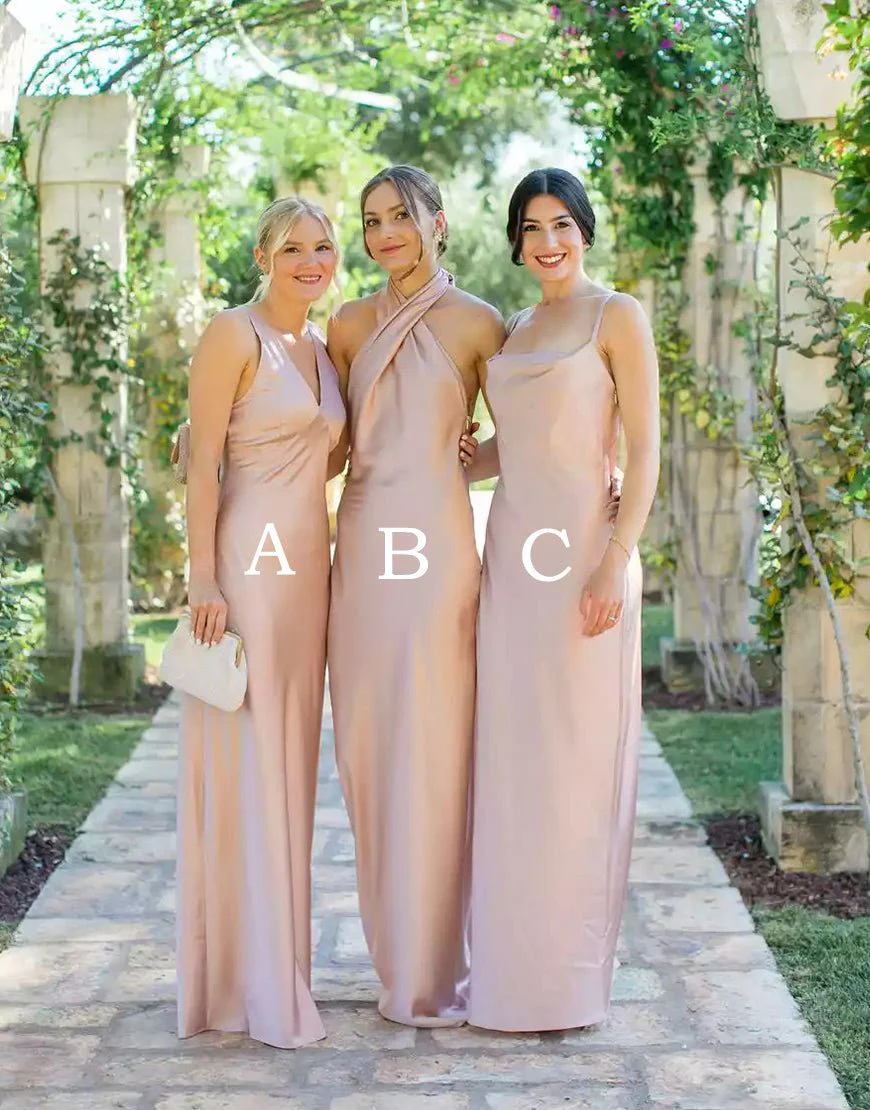 Mismatched Sheath Silk Blush Long Bridesmaid Dress