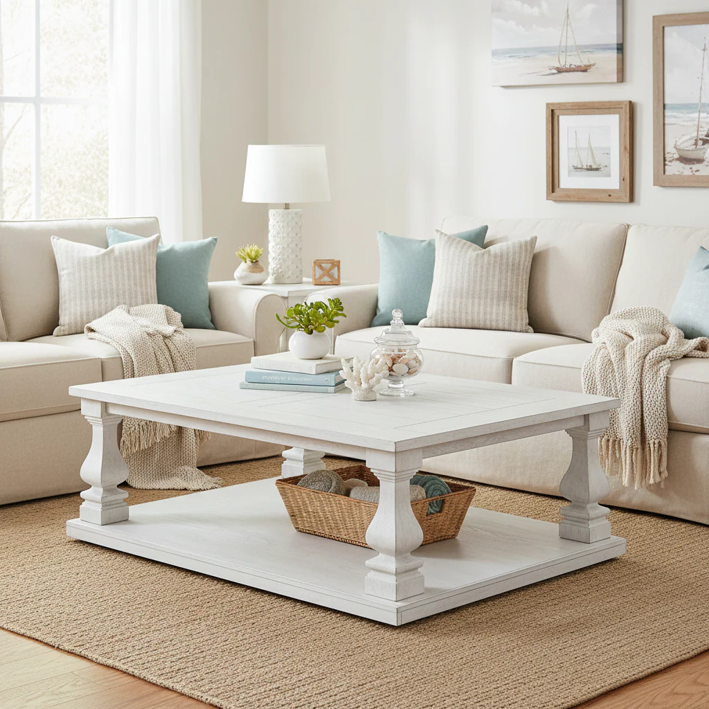Antique White Traditional Plank-Top Coffee Table with Baluster Legs & Open Lower Shelf, 54 Inch, 1-Person